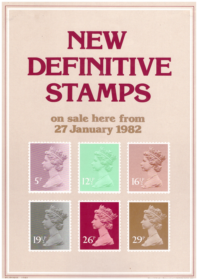 (image for) 1982 New Definitive Stamps Post Office A4 poster. PL(P) 2933 12/81.